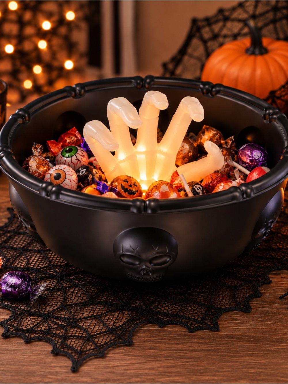 Halloween Black Skull Candy Bowl with Glowing Hand Centerpiece, Halloween Bowl